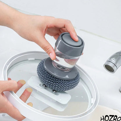 Perie de curățare HOZRO, pentru vase cu dozator de detergent integrat, din plastic rezistent, perie tip scrub pentru oale și tigăi, design ergonomic pentru palmă, distribuire ușoară a săpunului