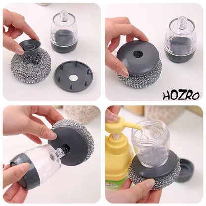 Perie de curățare HOZRO, pentru vase cu dozator de detergent integrat, din plastic rezistent, perie tip scrub pentru oale și tigăi, design ergonomic pentru palmă, distribuire ușoară a săpunului