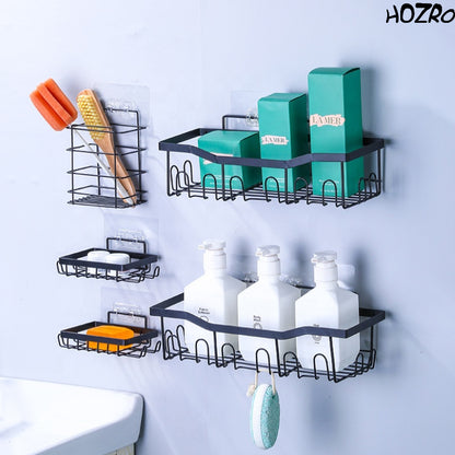 Raft Organizator HOZRO, pentru Duș din Metal, cu Montare Autoadezivă, Negru, Etajeră de Perete pentru Baie, Coș de Depozitare pentru Accesorii