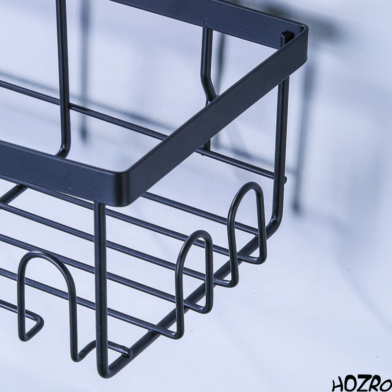 Raft Organizator HOZRO, pentru Duș din Metal, cu Montare Autoadezivă, Negru, Etajeră de Perete pentru Baie, Coș de Depozitare pentru Accesorii