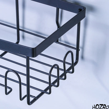 Raft Organizator HOZRO, pentru Duș din Metal, cu Montare Autoadezivă, Negru, Etajeră de Perete pentru Baie, Coș de Depozitare pentru Accesorii