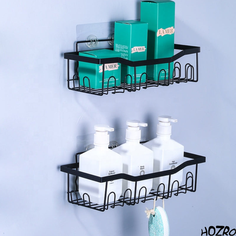 Raft Organizator HOZRO, pentru Duș din Metal, cu Montare Autoadezivă, Negru, Etajeră de Perete pentru Baie, Coș de Depozitare pentru Accesorii