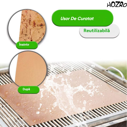 Set 2 bucăți Folie Antiaderentă HOZRO, pentru Grătar BBQ din Teflon, Rezistentă la Căldură, Reutilizabilă, 40 x 33 cm