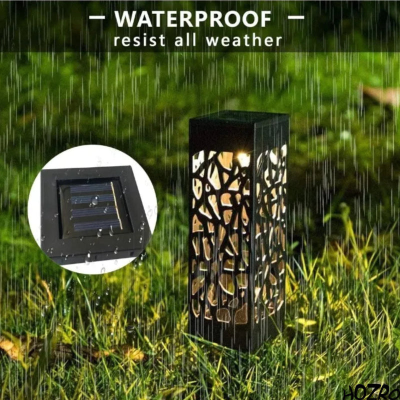 Set 6 Lămpi Solare de Grădină HOZRO, Design Decupat, Lumină Caldă Albă, cu Țepușă pentru Sol, Iluminat Exterior Economic, Culoare Neagră