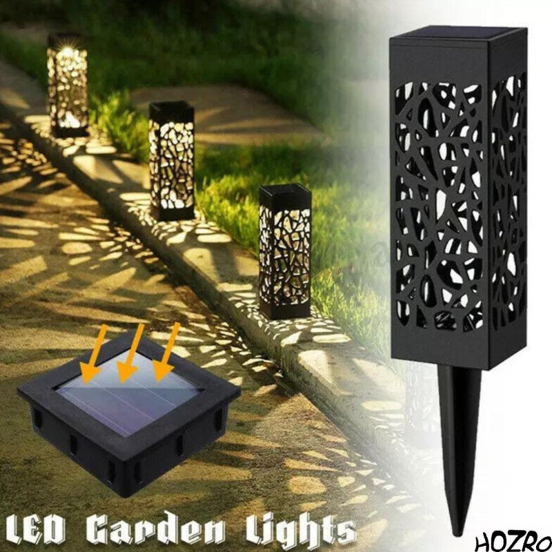 Set 6 Lămpi Solare de Grădină HOZRO, Design Decupat, Lumină Caldă Albă, cu Țepușă pentru Sol, Iluminat Exterior Economic, Culoare Neagră