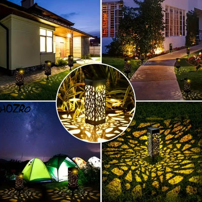 Set 6 Lămpi Solare de Grădină HOZRO, Design Decupat, Lumină Caldă Albă, cu Țepușă pentru Sol, Iluminat Exterior Economic, Culoare Neagră