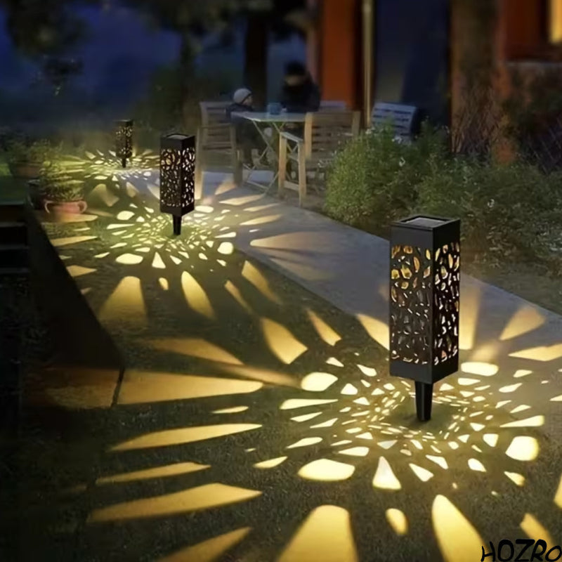 Set 6 Lămpi Solare de Grădină HOZRO, Design Decupat, Lumină Caldă Albă, cu Țepușă pentru Sol, Iluminat Exterior Economic, Culoare Neagră