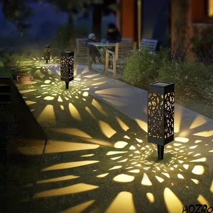 Set 6 Lămpi Solare de Grădină HOZRO, Design Decupat, Lumină Caldă Albă, cu Țepușă pentru Sol, Iluminat Exterior Economic, Culoare Neagră