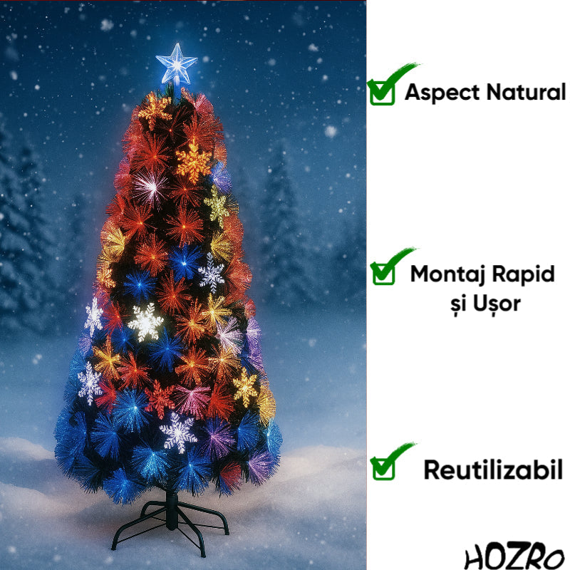 Brad artificial de Crăciun HOZRO, cu Stea Luminoasă - Jocuri de Lumină Multicoloră, Efecte Feerice, Suport Metalic Inclus și Design Elegant pentru un Crăciun Magic și Strălucitor în Orice Locuință sau Spațiu Festiv 🎄 HOZRO
