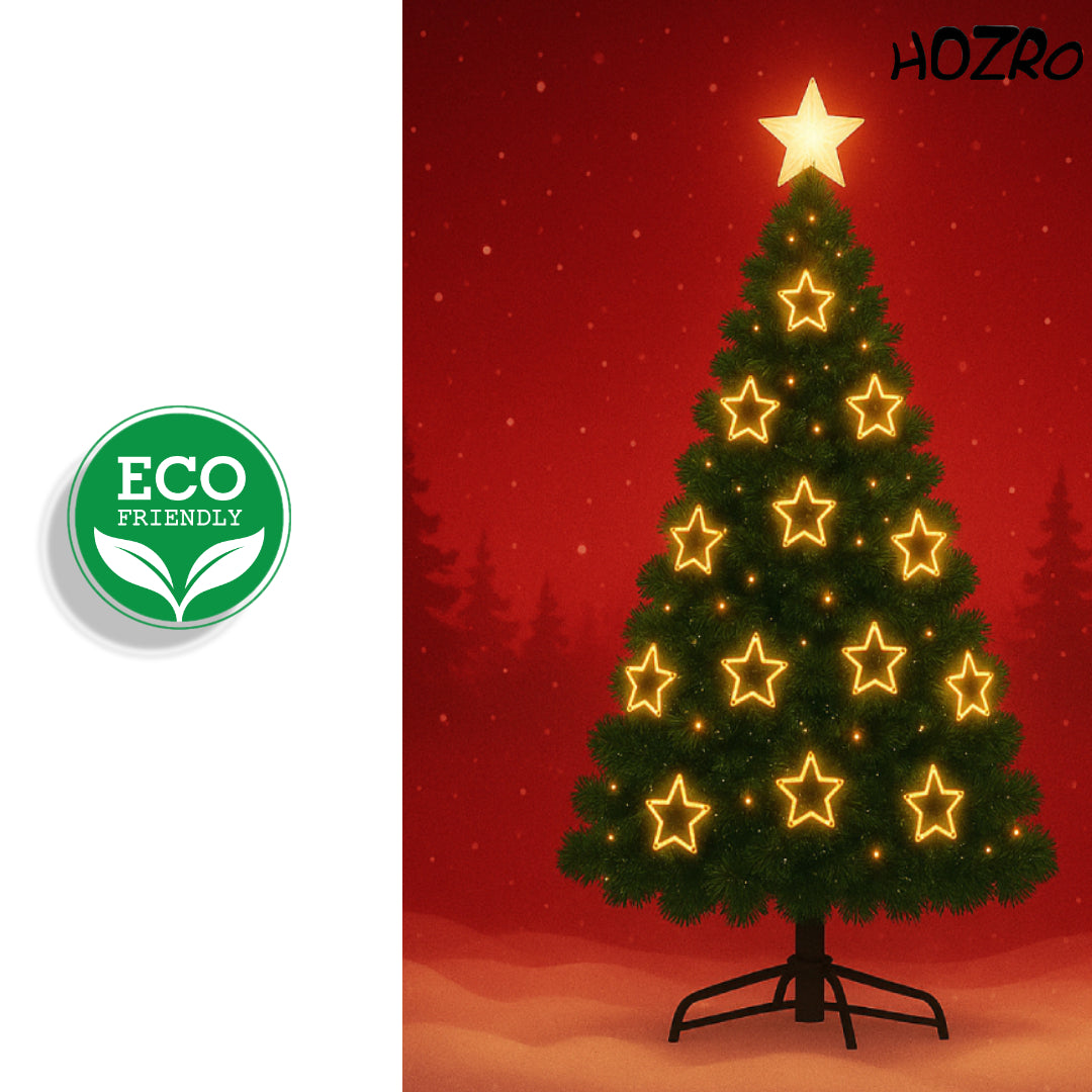 Brad artificial premium de Crăciun HOZRO, cu iluminat LED cald în formă de stele decorative, stea luminoasă în vârf și suport metalic rezistent inclus – aspect realist, ramuri dese și design elegant pentru sărbători magice și festive în familie 🎄 HOZRO
