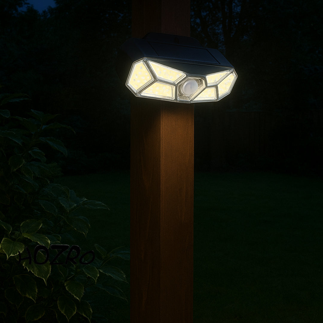 Lampa Solară LED HOZRO, 126 COB cu Senzor de Mișcare — Iluminare Puternică, Panou Solar încorporat, Rezistență IP65/IP66, Moduri Multiple, Autonomie Extinsă HOZRO
