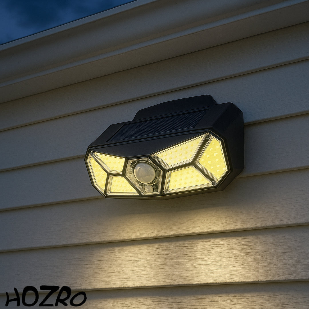 Lampa Solară LED HOZRO, 126 COB cu Senzor de Mișcare — Iluminare Puternică, Panou Solar încorporat, Rezistență IP65/IP66, Moduri Multiple, Autonomie Extinsă HOZRO