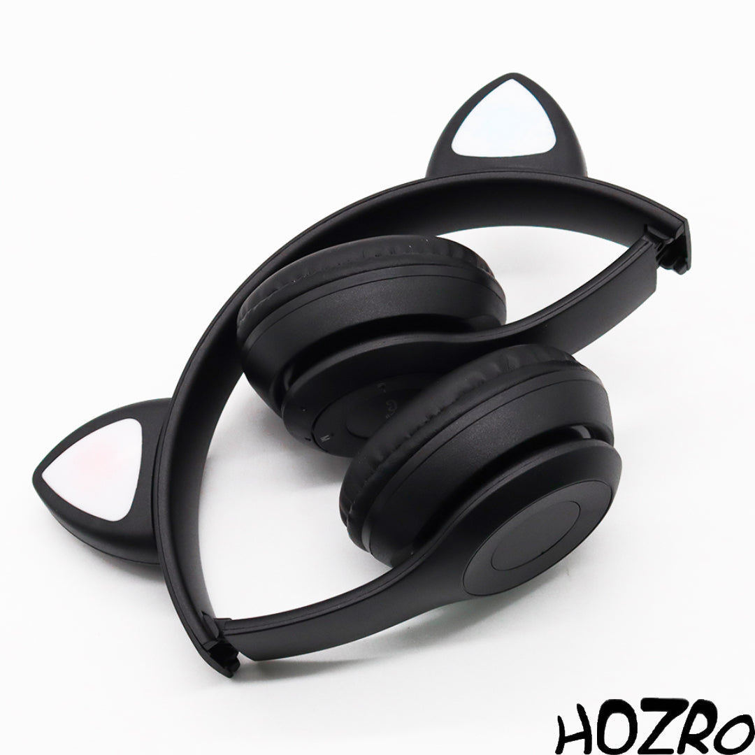 Căști Wireless HOZRO, Model P47 cu Urechi de Pisică – Model Negru, Bluetooth, Microfon Integrat și Design cu LED-uri HOZRO