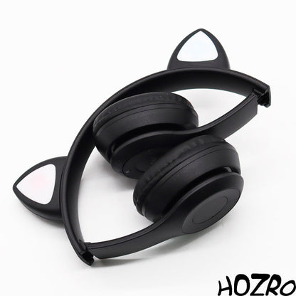 Căști Wireless HOZRO, Model P47 cu Urechi de Pisică – Model Negru, Bluetooth, Microfon Integrat și Design cu LED-uri HOZRO
