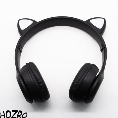 Căști Wireless HOZRO, Model P47 cu Urechi de Pisică – Model Negru, Bluetooth, Microfon Integrat și Design cu LED-uri HOZRO