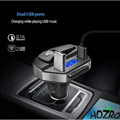 Modulator FM HOZRO, Bluetooth 5.0, Transmitator FM cu functie de incarcator auto quickcharge 3.0 si Casca Bluetooth HOZRO