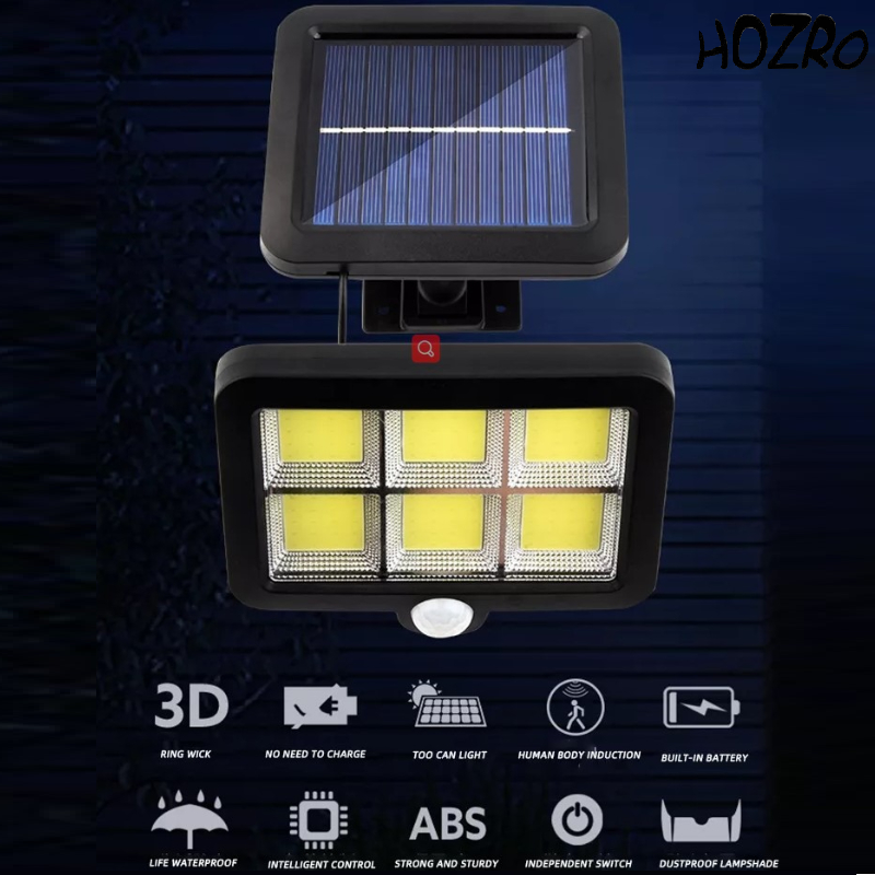 Lampă Solară Exterior HOZRO, cu 120 LED-uri Puternice, Senzor de Mișcare și de Lumină, Panou Solar Ajustabil, Impermeabilă și Eficientă Energetic – Iluminare Automată pentru Curte, Grădină, Alei sau Garaj HOZRO
