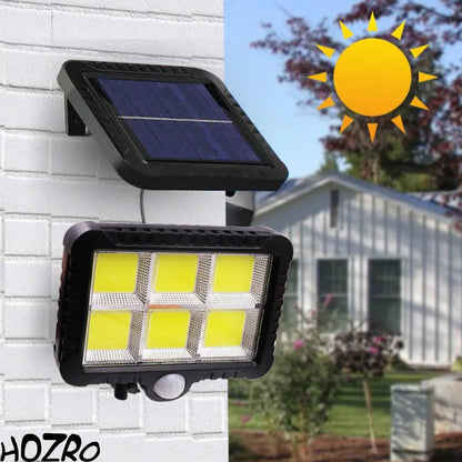 Lampă Solară Exterior HOZRO, cu 120 LED-uri Puternice, Senzor de Mișcare și de Lumină, Panou Solar Ajustabil, Impermeabilă și Eficientă Energetic – Iluminare Automată pentru Curte, Grădină, Alei sau Garaj HOZRO