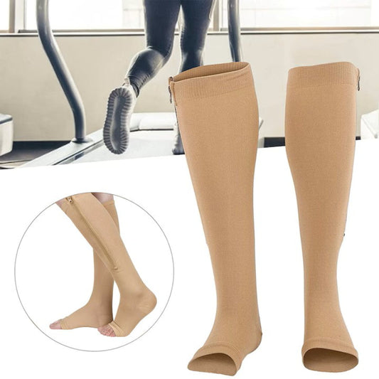 Set 2 Șosete Compresive HOZRO, cu Fermoar, Bej – Stimulează Circulația și Ameliorează Oboseala Picioarelor HOZRO