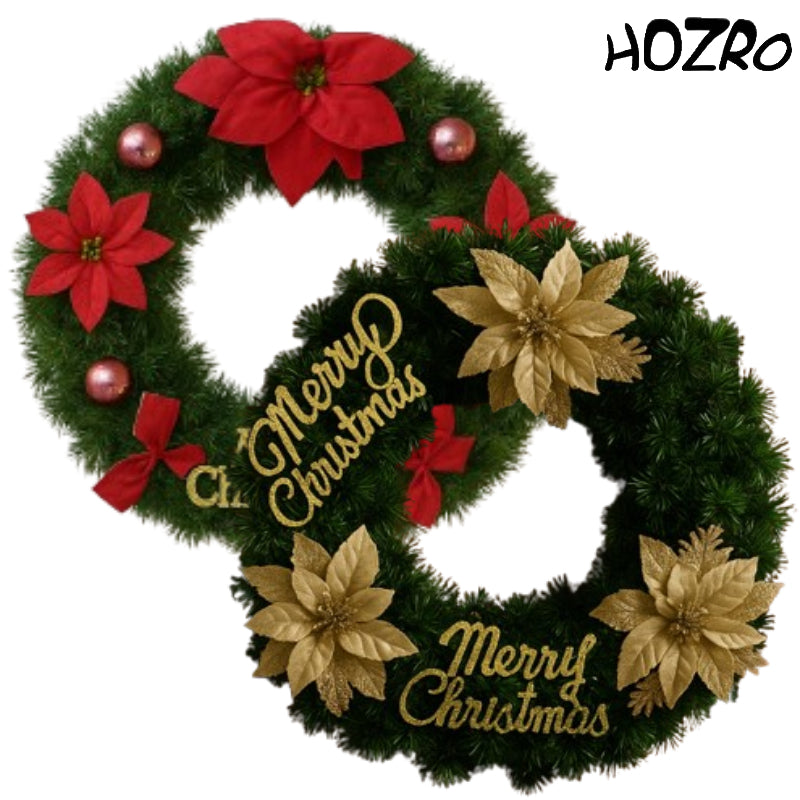 Coroniță decorativă HOZRO, de Crăciun elegantă, din crenguțe verzi artificiale, cu flori, fundițe, globuri strălucitoare și mesaj „Merry Christmas”, ideală pentru ușa de la intrare, perete sau masă festivă, decor clasic și rafinat pentru sărbători HOZRO