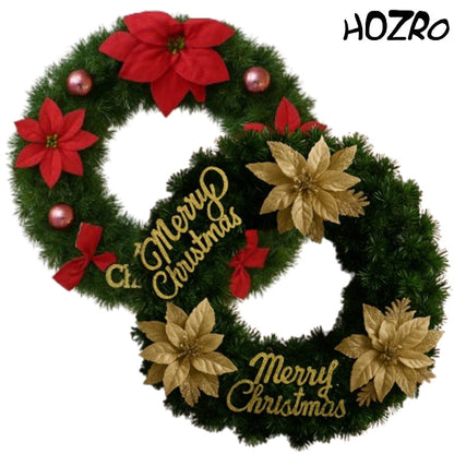 Coroniță decorativă HOZRO, de Crăciun elegantă, din crenguțe verzi artificiale, cu flori, fundițe, globuri strălucitoare și mesaj „Merry Christmas”, ideală pentru ușa de la intrare, perete sau masă festivă, decor clasic și rafinat pentru sărbători HOZRO