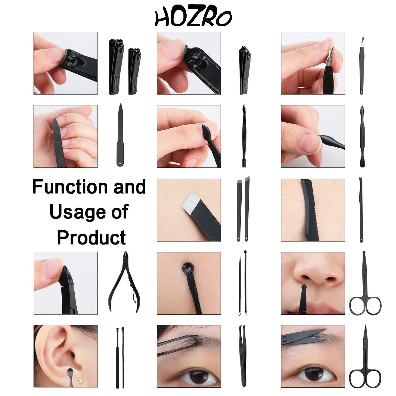 Trusă Profesională Manichiură și Pedichiură HOZRO, 18 Piese din Oțel Inoxidabil, Set Complet pentru Îngrijirea Unghiilor, Culoare Negru Elegant, Ideală pentru Acasă, Salon, Călătorii și Cadou HOZRO