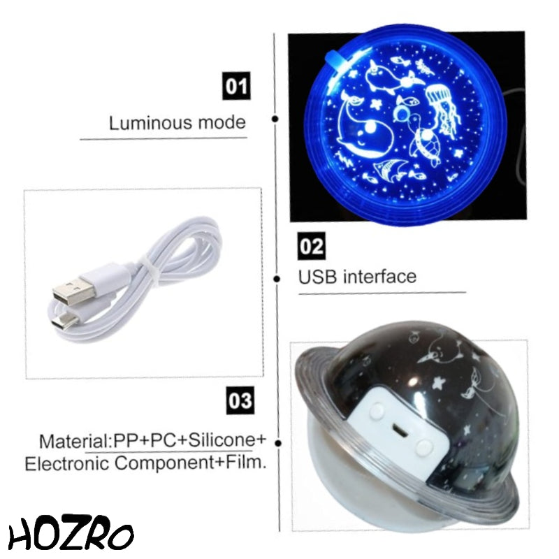 Umidificator Aromaterapie HOZRO, cu Proiector Luminos Tematic Ocean, Capacitate 250ml, Difuzor de Arome cu Lumini Ambientale, Suport din Lemn Elegant, Funcție Silențioasă și Design Modern – Ideal pentru Dormitor, Living sau Cadou Relaxant HOZRO