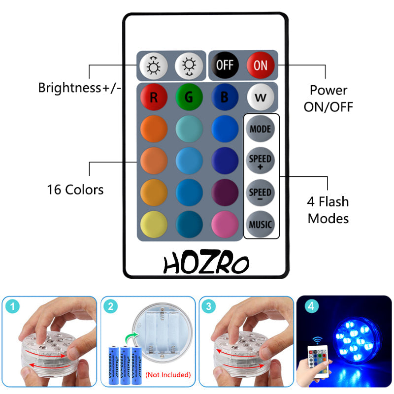 Set 4 Lămpi LED Subacvatice HOZRO, pentru Piscină – 16 Culori RGB, 4 Moduri de Iluminare, Rezistență la Apă IP68, cu 4 Telecomenzi Wireless, 10 Mărgele LED Ultra-Luminoase, Material Plastic Durabil, Economisire de Energie, pentru Interior și Exterior HOZRO