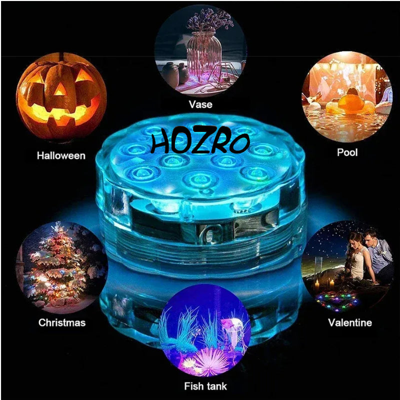 Set 4 Lămpi LED Subacvatice HOZRO, pentru Piscină – 16 Culori RGB, 4 Moduri de Iluminare, Rezistență la Apă IP68, cu 4 Telecomenzi Wireless, 10 Mărgele LED Ultra-Luminoase, Material Plastic Durabil, Economisire de Energie, pentru Interior și Exterior HOZRO