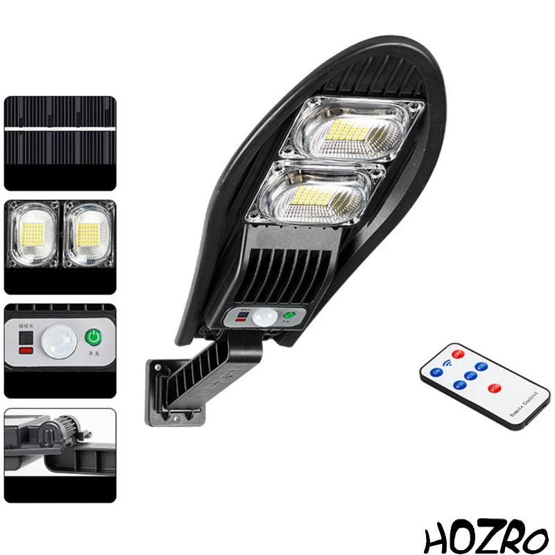 Lampă Solară HOZRO, de Exterior cu Telecomandă – Model W777B, 84 LED-uri SMD Ultra-Luminoase, Lumina Alb Rece, 3 Moduri de Funcționare, Senzor de Mișcare și Lumină, Unghi de Iluminare 120°, Material ABS Rezistent la Intemperii HOZRO