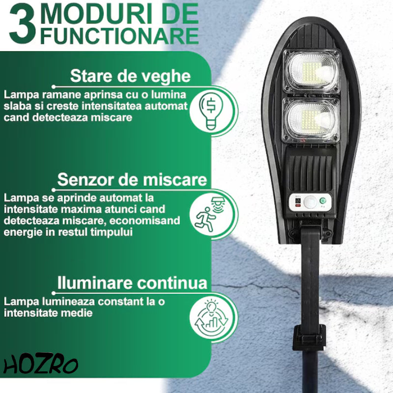 Lampă Solară HOZRO, de Exterior cu Telecomandă – Model W777B, 84 LED-uri SMD Ultra-Luminoase, Lumina Alb Rece, 3 Moduri de Funcționare, Senzor de Mișcare și Lumină, Unghi de Iluminare 120°, Material ABS Rezistent la Intemperii HOZRO