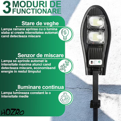 Lampă Solară HOZRO, de Exterior cu Telecomandă – Model W777B, 84 LED-uri SMD Ultra-Luminoase, Lumina Alb Rece, 3 Moduri de Funcționare, Senzor de Mișcare și Lumină, Unghi de Iluminare 120°, Material ABS Rezistent la Intemperii HOZRO