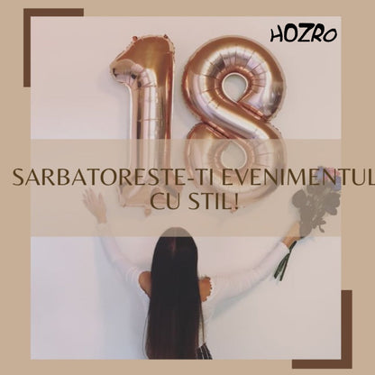 Set 2 Baloane HOZRO, din Folie ESB „18”, Culoare Roz Gold Metalizat, Înălțime 105 cm, Decor Festiv pentru Zi de Naștere, Majorat și Evenimente Speciale, Material Premium, Reutilizabil, Ușor de Umflat cu Aer sau Heliu HOZRO