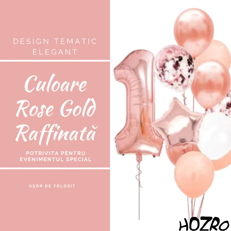🎉 Set 12 Baloane HOZRO, Aniversare 1 An, Culoare Rose Gold – Decor Elegant și Strălucitor pentru Petrecerea de Primul An, Perfect pentru Fetițe și Băieței HOZRO