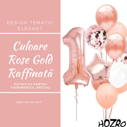 🎉 Set 12 Baloane HOZRO, Aniversare 1 An, Culoare Rose Gold – Decor Elegant și Strălucitor pentru Petrecerea de Primul An, Perfect pentru Fetițe și Băieței HOZRO