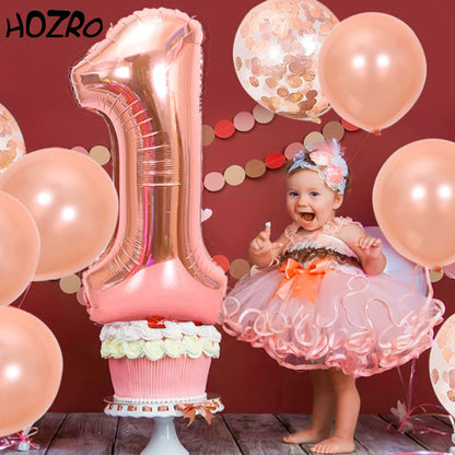 🎉 Set 12 Baloane HOZRO, Aniversare 1 An, Culoare Rose Gold – Decor Elegant și Strălucitor pentru Petrecerea de Primul An, Perfect pentru Fetițe și Băieței HOZRO