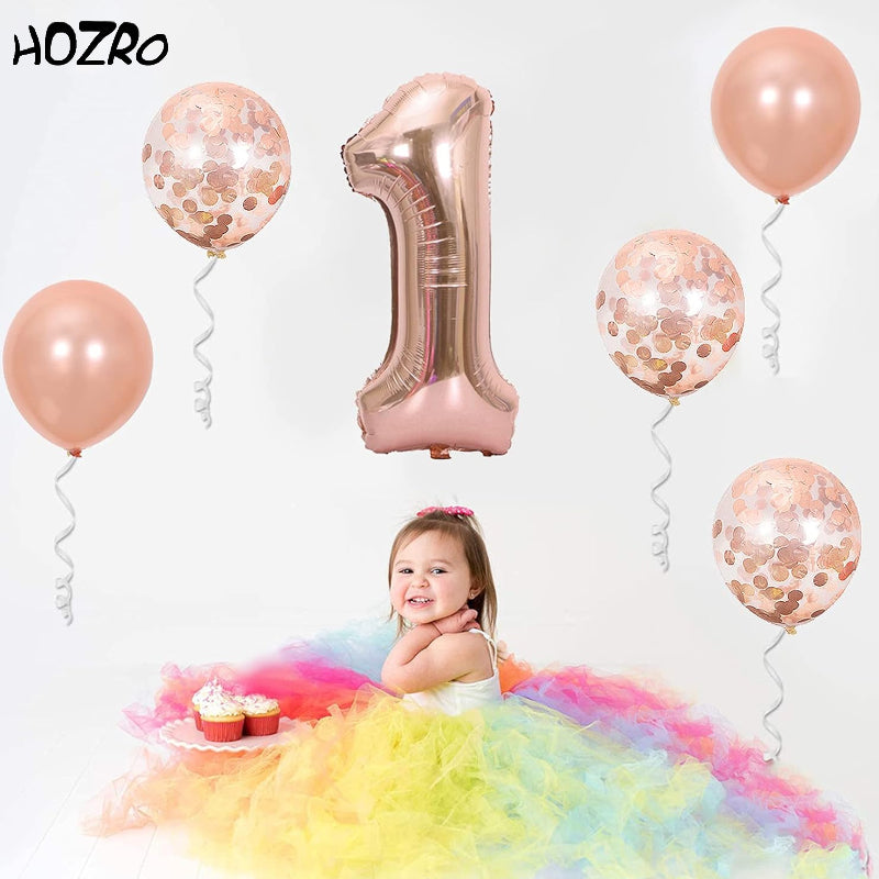 🎉 Set 12 Baloane HOZRO, Aniversare 1 An, Culoare Rose Gold – Decor Elegant și Strălucitor pentru Petrecerea de Primul An, Perfect pentru Fetițe și Băieței HOZRO