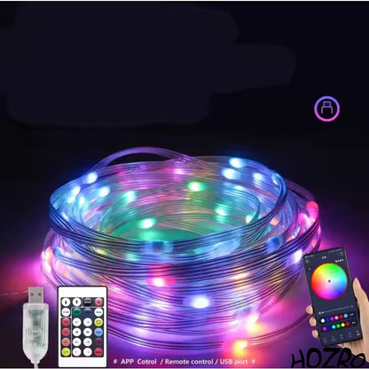 Instalatie Luminoasă Smart RGB HOZRO, Pentru Brad, 10M cu 100 LED-uri, Control prin Aplicație QR, Alimentare USB, 7 Culori și Efecte Multiple – Iluminare Decorativă Inteligentă pentru Crăciun, Dormitor, Terasă sau Evenimente HOZRO