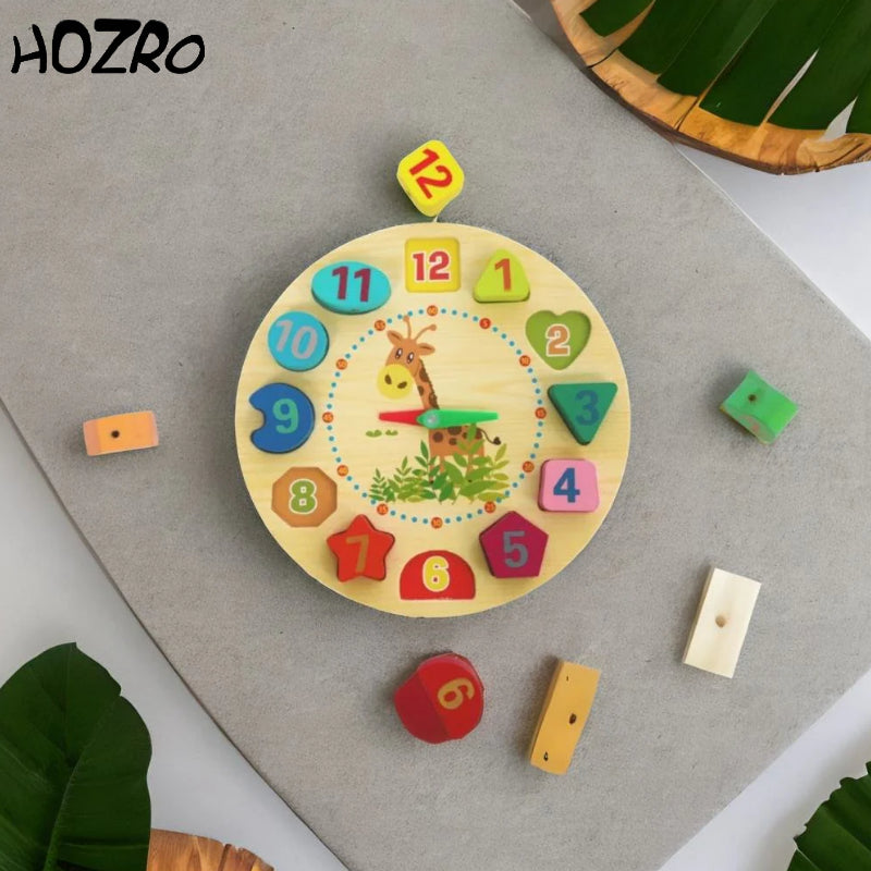 Ceas Geometric Digital HOZRO, din Lemn pentru Copii – Jucărie Educativă cu Forme și Cifre Detasabile, Ideală pentru Învățarea Orei, Numerelor și Formelor Geometrice HOZRO