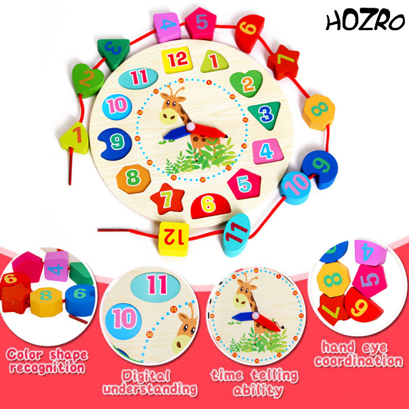 Ceas Geometric Digital HOZRO, din Lemn pentru Copii – Jucărie Educativă cu Forme și Cifre Detasabile, Ideală pentru Învățarea Orei, Numerelor și Formelor Geometrice HOZRO