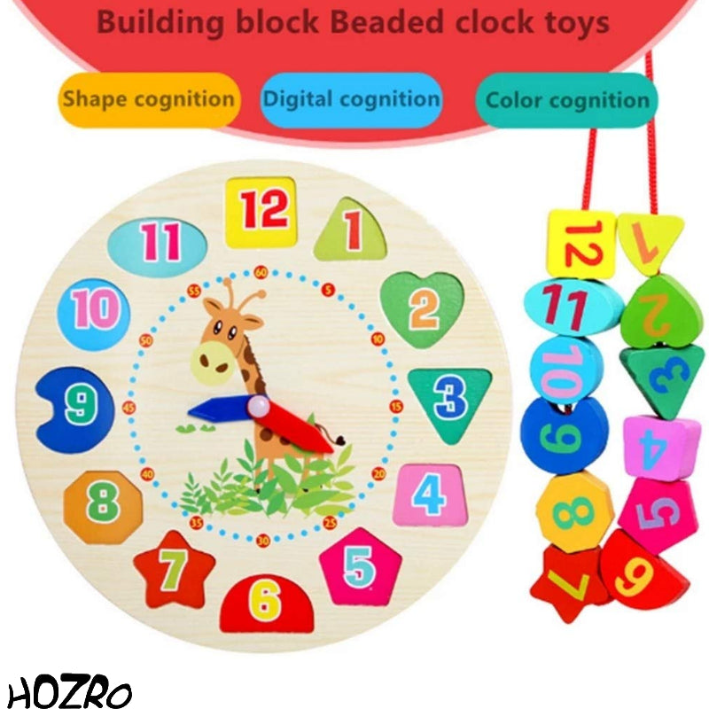 Ceas Geometric Digital HOZRO, din Lemn pentru Copii – Jucărie Educativă cu Forme și Cifre Detasabile, Ideală pentru Învățarea Orei, Numerelor și Formelor Geometrice HOZRO