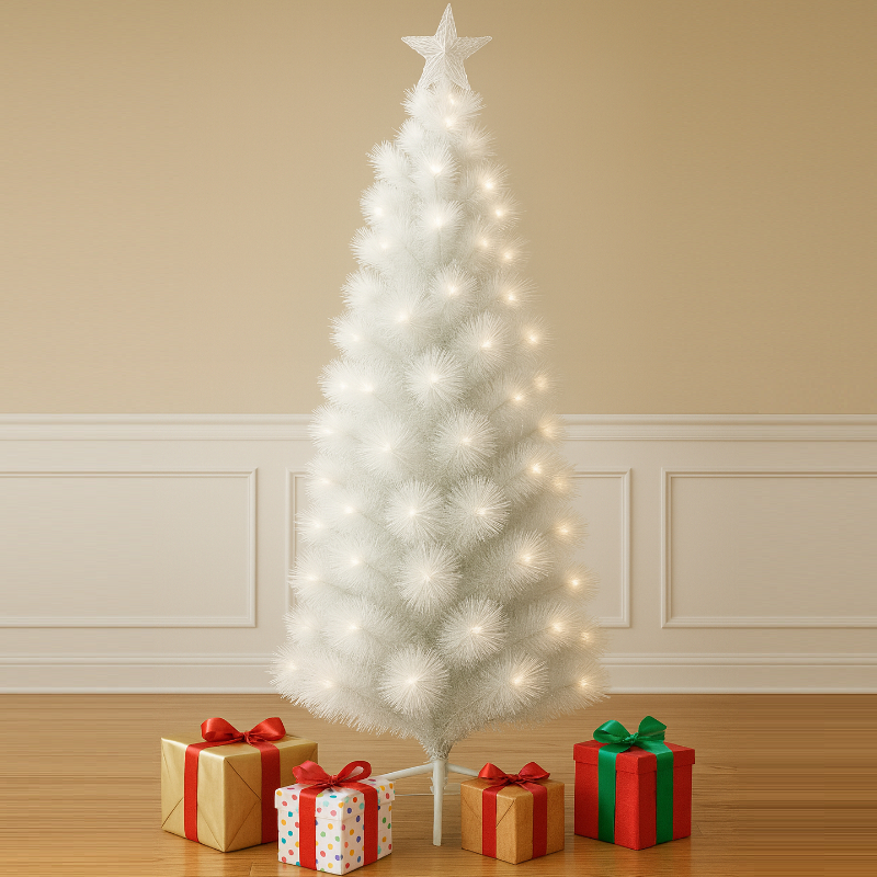 Brad artificial HOZRO, alb cu fibră optică și iluminare LED – aspect modern, efect luminos spectaculos, ideal pentru Crăciun și decoruri de iarnă HOZRO