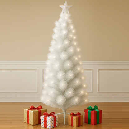 Brad artificial HOZRO, alb cu fibră optică și iluminare LED – aspect modern, efect luminos spectaculos, ideal pentru Crăciun și decoruri de iarnă HOZRO