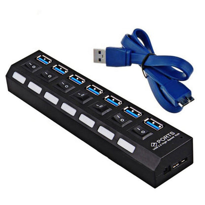 Hub USB HOZRO, 3.0 cu 4/7 Porturi, Butoane ON/OFF Individuale și LED-uri de Status – Extensor de Porturi Rapid, Stabil și Eficient pentru Laptop, PC sau Consolă HOZRO