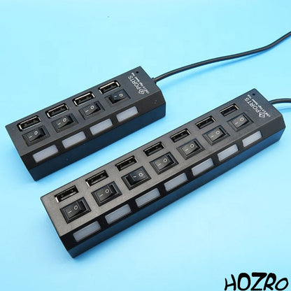 Hub USB HOZRO, 3.0 cu 4/7 Porturi, Butoane ON/OFF Individuale și LED-uri de Status – Extensor de Porturi Rapid, Stabil și Eficient pentru Laptop, PC sau Consolă HOZRO