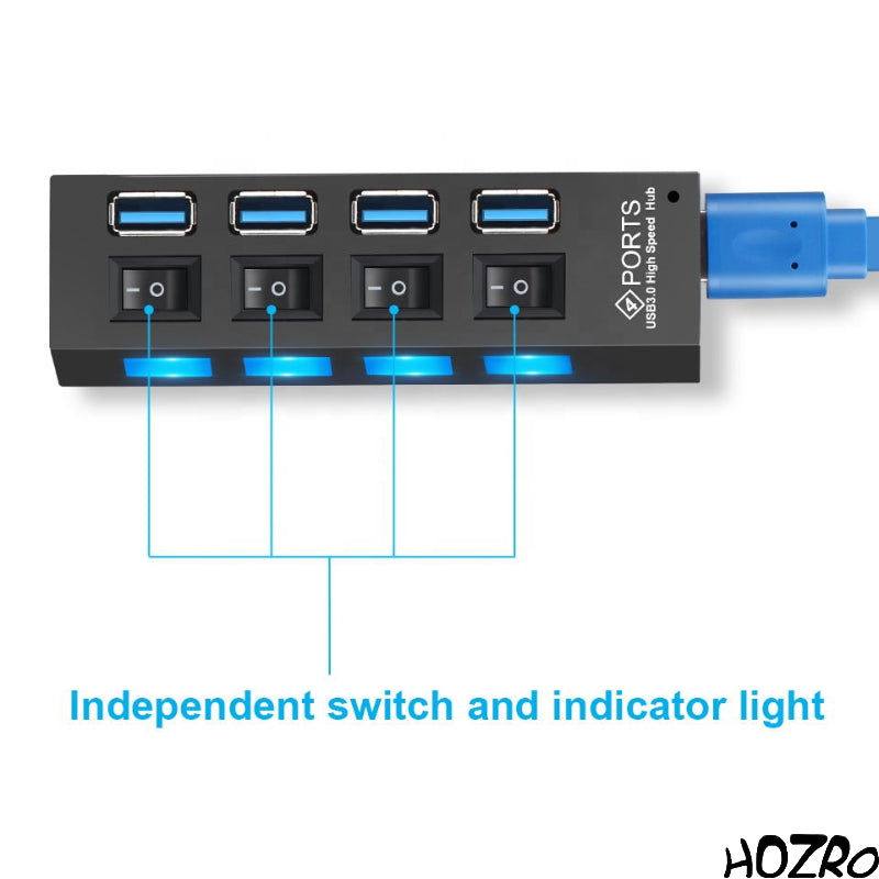 Hub USB HOZRO, 3.0 cu 4/7 Porturi, Butoane ON/OFF Individuale și LED-uri de Status – Extensor de Porturi Rapid, Stabil și Eficient pentru Laptop, PC sau Consolă HOZRO