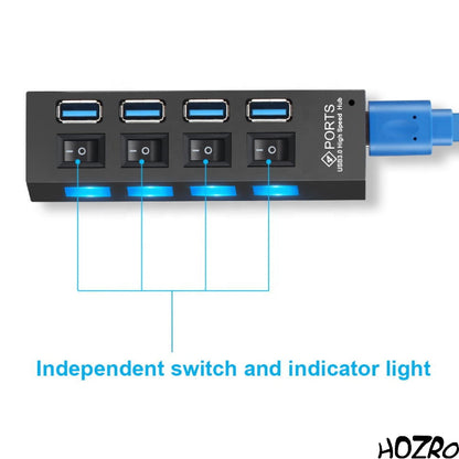 Hub USB HOZRO, 3.0 cu 4/7 Porturi, Butoane ON/OFF Individuale și LED-uri de Status – Extensor de Porturi Rapid, Stabil și Eficient pentru Laptop, PC sau Consolă HOZRO
