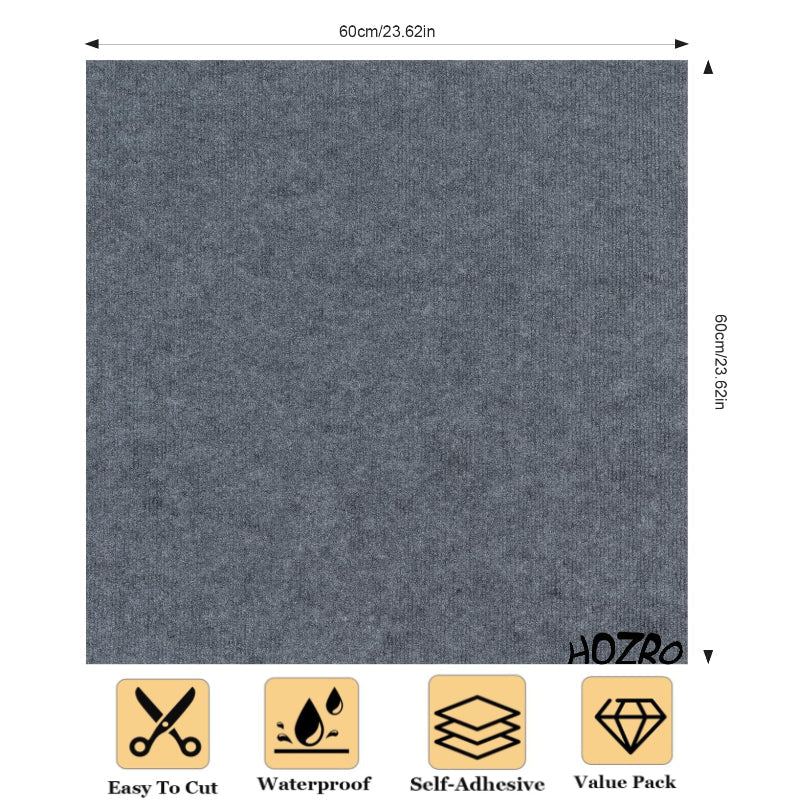 Mochetă autoadezivă HOZRO, 60×60 cm, antiderapante, pentru subsol și pardoseli din beton, interior/exterior, uz comercial, culoare gri HOZRO