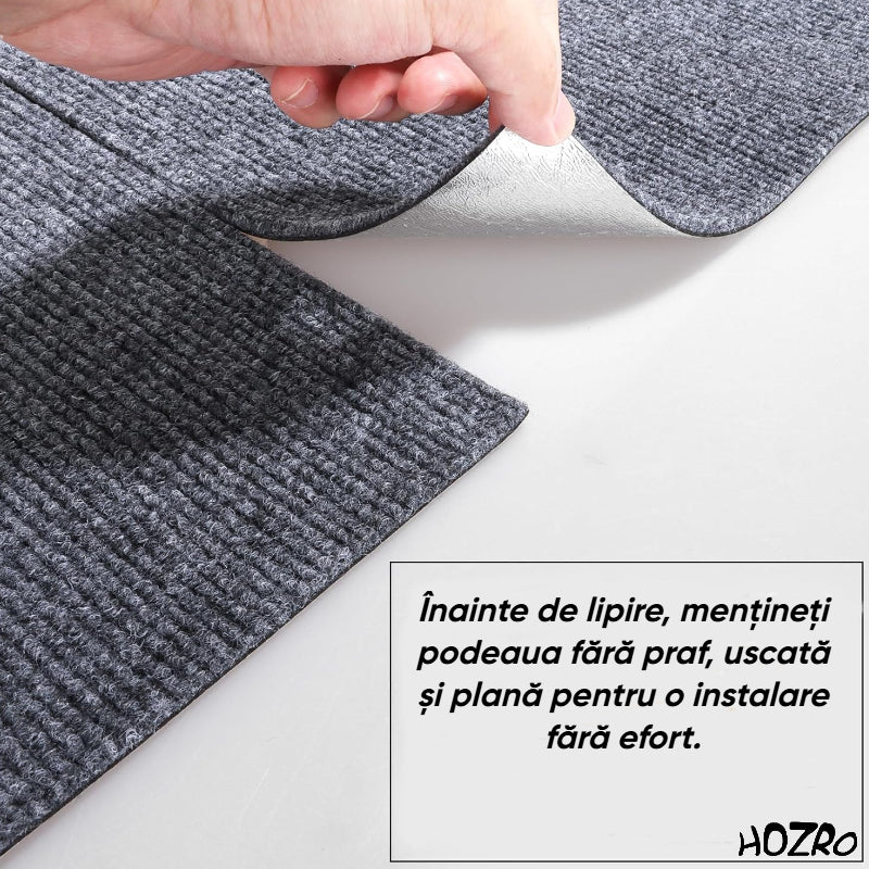 Mochetă autoadezivă HOZRO, 60×60 cm, antiderapante, pentru subsol și pardoseli din beton, interior/exterior, uz comercial, culoare gri HOZRO