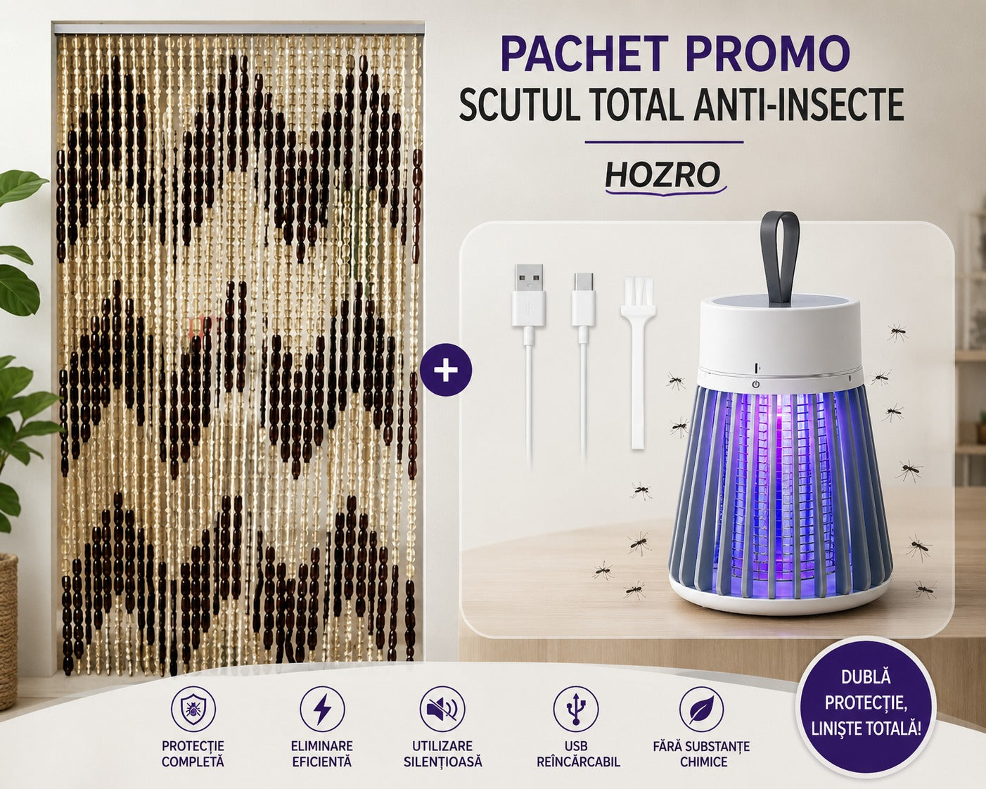 🎯 Pachet Promo: Scutul Total Anti-Insecte HOZRO® – Perdea PVC (90x200 cm) + Lampă UV Portabilă cu Încărcare USB HOZRO